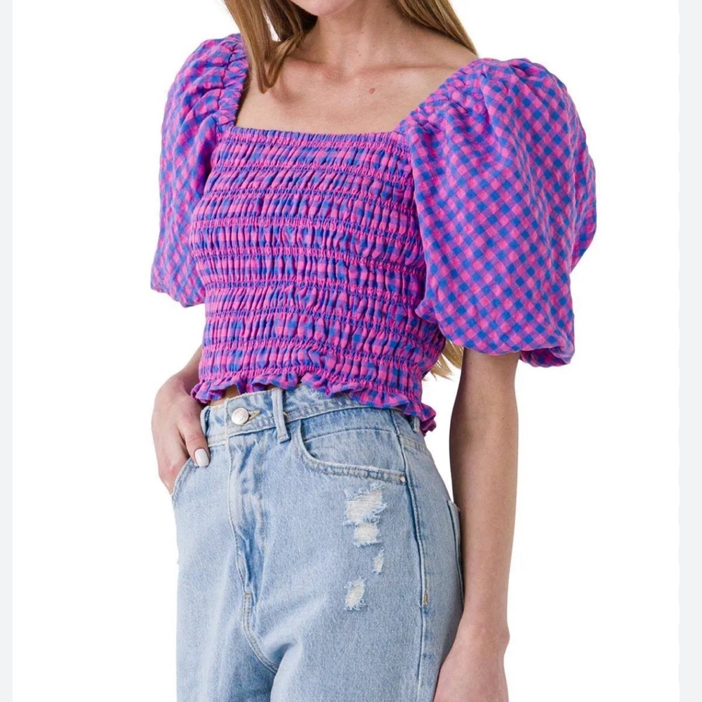 Endless Rose | Gingham Smocked Puff Sleeve Crop Top - Size L - NWOT